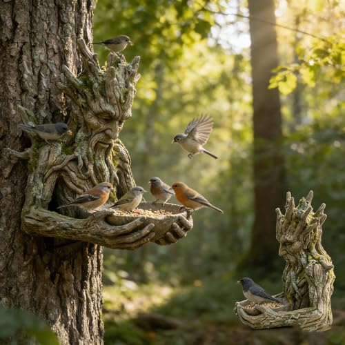 The Quiet Offering A Tree-Integrated Bird Feeding Sculpture, Artificial Millennial Ancient Tree Bird Feeder with Hidden Keyhole Hanger, Unique Patio, Yard, Garden Ornament for Birds Lovers (A)