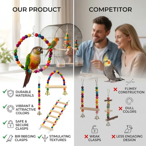 4 Piece Bird Ladder, Budgie Toys for Small to Medium Birds, Parakeet Cage Accessories Set, Natural Wood Bird Climbing Toys for Cage Environment Enrichment and Physical Activity