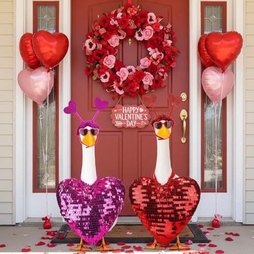Abbylike 2 Sets Valentine's Day Porch Goose Outfits Love Heart Yard Goose Clothes Costume Fits Large 23'' Cement for Garden Yard Statue Pathway Decorations - style: Xoxo Valentine's Day