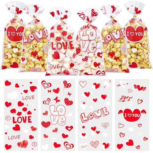 Valentines Cellophane Treat Bags, Valentines Candy Bags, 100 PCS Valentines Goodies Bags, Valentines Plastic Bags with 110pcs Gold Ties, Valentines Gift Bags for Valentines Day Party Favor Supplies - color: Red Valentines 100pcs