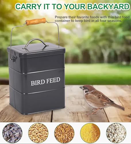 Bird Seed Storage Container Airtight,5~6LB Metal Bird Food Container with Scoop,Wild Birds Feed Tin for Storing Sunflower Seed-Ideal for Outdoor or Indoor-Squirrel proof-Gray - color: Gray