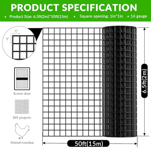 Welded Wire Fencing 6.5 Foot x 50 Foot,1 Inch x 1 Inch 16GA Black PVC Wire Fence,Vinyl Coating Metal Wire Mesh for Yard Vegetable Protection Goat & Poultry Netting - size: 6.5ft*50ft 1″×1″