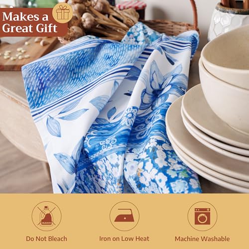 Maison d' Hermine Kitchen Towels Set of 3 Reusable 100% Cotton 27.50" x 20" | Cloth Tea Dish Towels Absorbent with Hanging Loop for Kitchen Dining Party Wedding Hotel Home Spring Summer - Summer Blues - color: 039 - Summer Blues