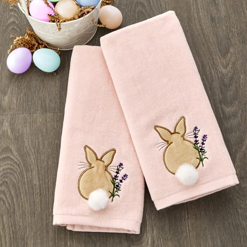 SKL Home Easter Cotton Tail 100% Cotton Embroidered 2pc Hand Towel Set with 3D Embellishment, Decorative for Bath/Kitchen/Bar & Gift, Pink - color: Cotton Tail