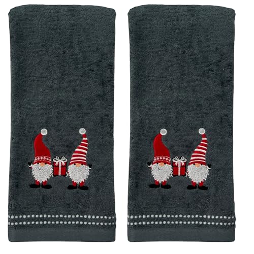 Christmas Gnomes Towel Set: Grey Hand Towels with Red White Embroidery Jolly Nordic Gnome - color: Gnome Friends