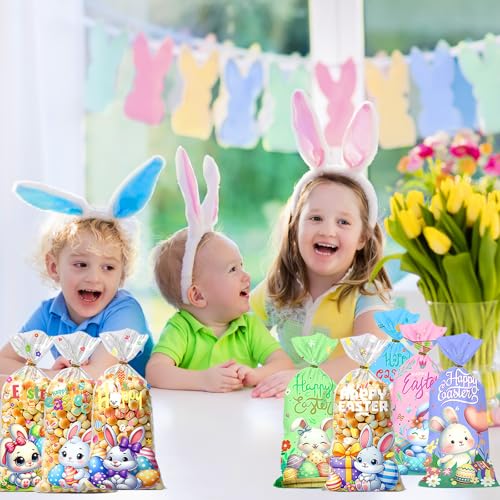 CUUSNNY Easter Candy Bags 100 Pcs with 120 Gold Twist Ties,Plastic Cellophane Treat Bags for Kids Easter Egg Hunt, Party Favors & Gift Packaging,Holiday Goodie Bag Supplies (Colorful Design) - color: 100Pcs Easter Cellophane Bags