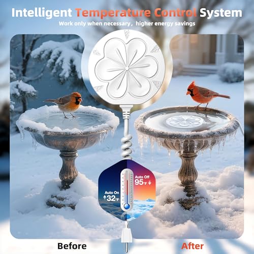 Bird Bath Heater for Outdoors in Winter, 110W Birdbath Water Heater Full-Covered Aluminum, Bird Bath Deicer Pond Deicer with Thermostatically Control, Chicken Water Heater, 4.92 Ft Power Cord (White) - color: White