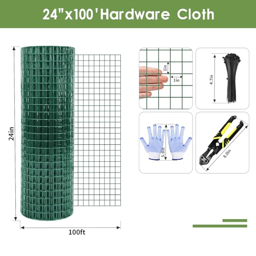 Tongmo 24" x 100' Green Chicken Wire Fencing, 19 Gauge Green Wire Fence, 1"x1" Mesh Size Metal Welded Wire Garden Fence Roll, Poultry Netting for Rabbit/Duck/Chicken