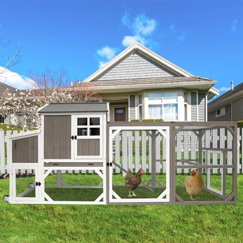 PetsCosset 95.3" L Portable Chicken Coop Tractor Hen House with Nesting Box,Chicken Coops Chicken House,2 Story Wooden Indoor Outdoor Poultry Cage for 3-5 Chicken with 6 Access,Pull-Out Tray,Grey - size: 95.3" L - Grey