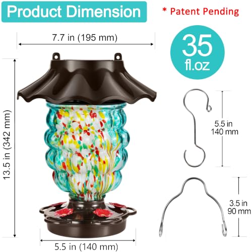 LUJII Solar Hummingbird Feeder for Outdoor Hanging, RGB Illuminated Hand-Blown Glass Lantern, 35 fl.oz, Leak-Free & Rust-Resistant, Metal Cap with 5 Feeding Ports, Pineapple Design, Teal - color: Teal