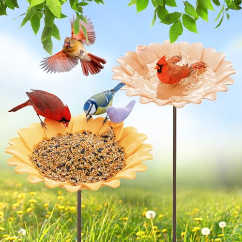 Kinsgyard 2 Pack Free Standing Tray Bird Feeders with Adjustable Pole, Wild Bird Bath for Outdoor Garden Yard Decor, Large Seed Capacity, Easy to Clean and Refill, Yellow & Beige - color: Yellow & Beige