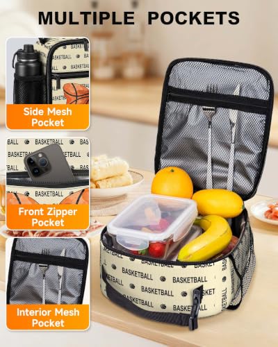 Lunch Box Girls Boys Insulated Lunch Bag for Kids Teen, Basketball Bow | Reusable Lunchbox, Cooler Tote Bag, Water Bottle Holder, Front Pockets, Portable Buckle Handle for School Work Picnic Travel - color: Basketball Bow