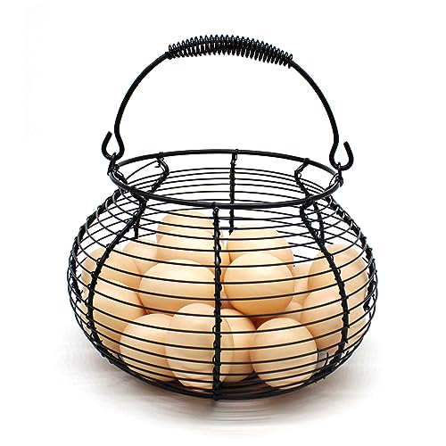 Elegant Wire Egg Basket with swimming Handle Primitives Vintage Gathering Basket. Black - size: 7-3/4" Dia. x 5" H - Black