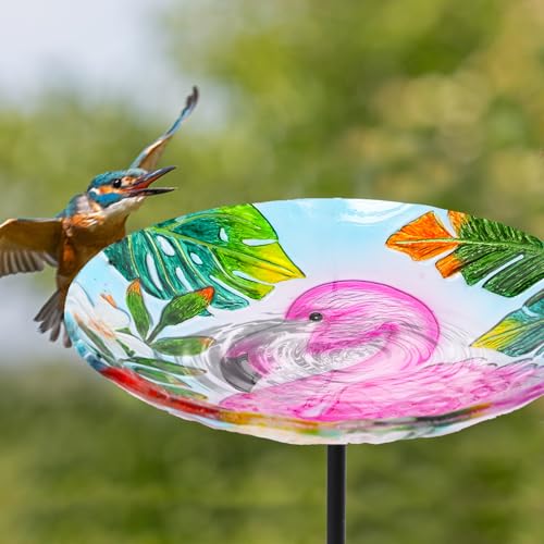 Bird Baths for Outdoors, Glass Bird Bath Stake, Flamingo Birdbaths & Support, Bee Baths for Garden, Outside, Lawn, Outdoor Decor - color: pink