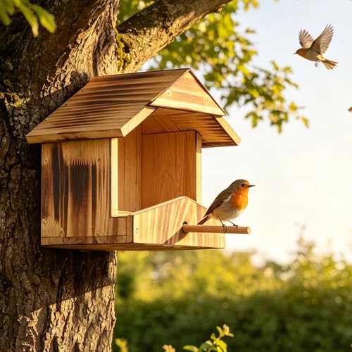 Handcrafted Solid Wood Robin Nesting Box – Outdoor Bird House for Garden, Backyard & Patio, Attracts Robins, Blackbirds & Finches – Easy to Mount & Clean