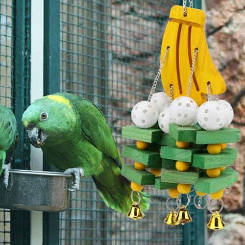 Hypeety Large Parrot Hanging Swing Toy Bells Chew Toy Colorful Hanging Wood Block Parrot Macaw African Greys Cockatiels Budgies Conure Banana Shape Natural Birds Cage Hanging Toy - color: Banana