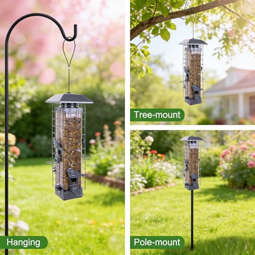 Squirrel Proof Bird Feeders for Outdoors, Metal Wild Bird Feeder for Outside Hanging, 4 Ports Perches, 3LB Large Capacity(Gray) - color: Gray
