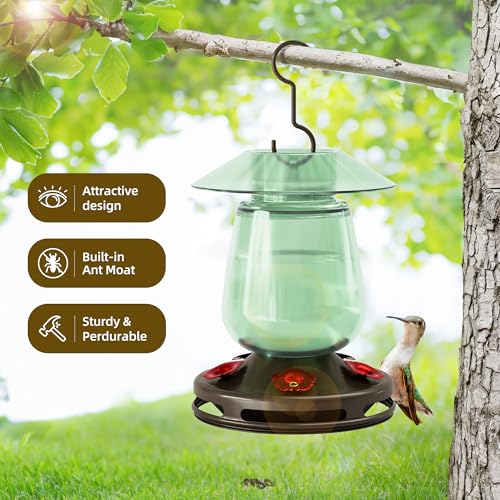 Auslar Glass Hummingbird Feeder for Outdoors, 16 Oz Bird Nectar Feeder | Ant Moat & 5 Feeding Ports, Durable Glass, Ant and Bee Proof, Leakproof, Easy Clean and Fill, Garden Hanging Decor, Green - color: Green