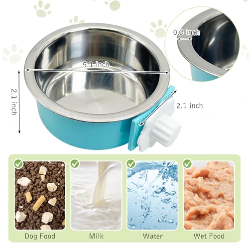 Tfwadmx 4 Pcs Crate Dog Bowl Cat Removable Stainless Steel Food and Water Feeder Hanging Cage Bowls Coop Cup with Cleaning Set for Pet Puppy Bird Rat Guinea Pig Ferret Bunny Rabbit (Light Blue&Green) - color: Light blue, light green (4 PCS)