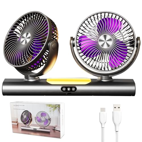Quiet Fan with 360° Dual Heads, Battery Operated Desk Fan, 3-Speed Side Table Fan, Bedside Table Fan with Night Light, Portable Fan Wall Mount or Ceiling Hanging for Camping Bedroom Office (Grey)