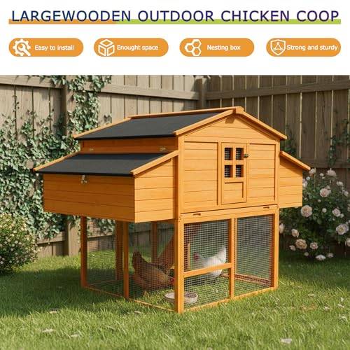 Chicken Coop for 6-8 Chickens with 2 Nesting Boxes, Removable Leakproof Tray, UV-Resistant Roof, 6 Access Doors 70x42x55in