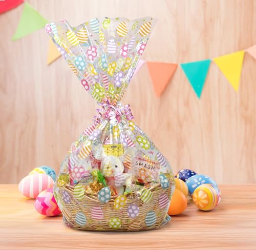 Large Easter Cellophane Basket Bags 10 Pack, Clear Treat Wrap Bags 24 x 30 Inch with Colorful Egg Print and Twist Ties, Jumbo Plastic Gift Wrap for Candy, Party Favors, Holiday Baskets
