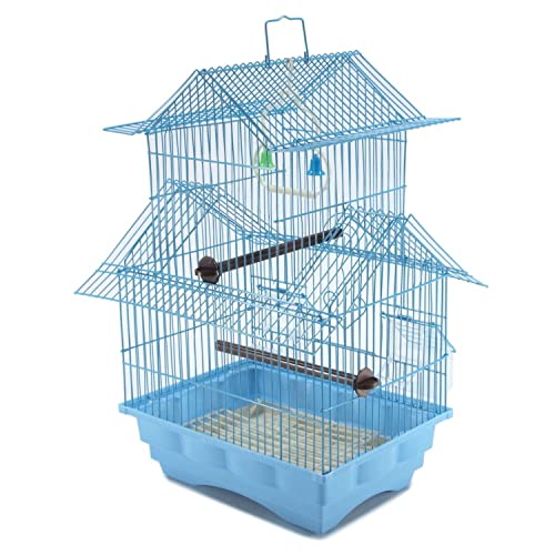 Small Blue 18-inch Wire Bird Cage for Budgies, Parakeets, Finches, Canaries, Lovebirds, Quaker Parrots, Cockatiels, Conures - Perfect Travel Cage and Hanging Bird House