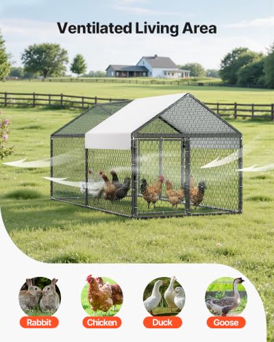 VEVOR Metal Chicken Coop for 4-6 Chickens, 3.3 x 6.6 x 3.3 ft, Small Chicken Cage with Waterproof Cover & Double Doors, Spire Roof Poultry Run Compatible with Wooden Coops, for Rabbit Hen Goose Duck