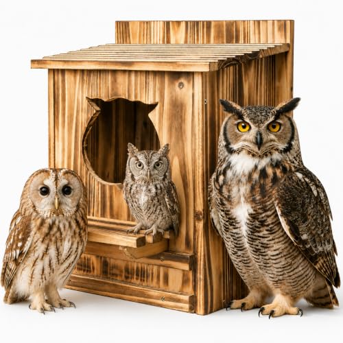 Owl Nesting Box for Outside 14.2×12×7.5 Inch Screech Owl House Bird House | Owl-Shaped Entrance, Wooden Bird Box, Easy to Install, Ideal For Backyard Birding & Wildlife