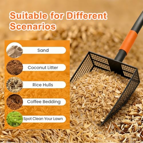 2-in-1 Chicken Poop Scooper & Rake, Heavy Duty Metal Long Handle Poultry Coop Cleaning Tool, Rustproof Manure Shovel with Serrated Edge for Backyard Chicken Ducks