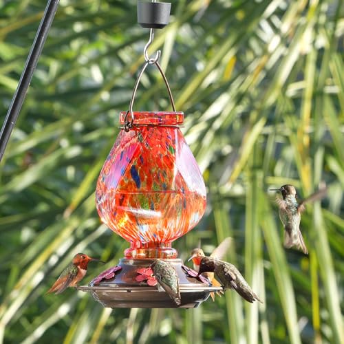 Hummingbird Feeders for Outdoors Hanging, Hand Blown, Red, 22oz | Glass Hummingbird Feeder with Ant Moat, 5 Bee-Proof Ports, Leak-Proof, 360° Perch, Garden Decor, Gifts for Women Men Mom Dad - color: Red