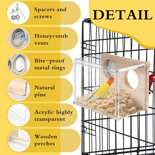 Parakeet Nesting Box for Cage, High-Transparent PET Parakeet Nest, Versatile Bird Houses for Canary, Lovebird and Parrot, Bird Boxes for Nesting with Wood Perch, Bird Cage Accessories (S, Rectangle)