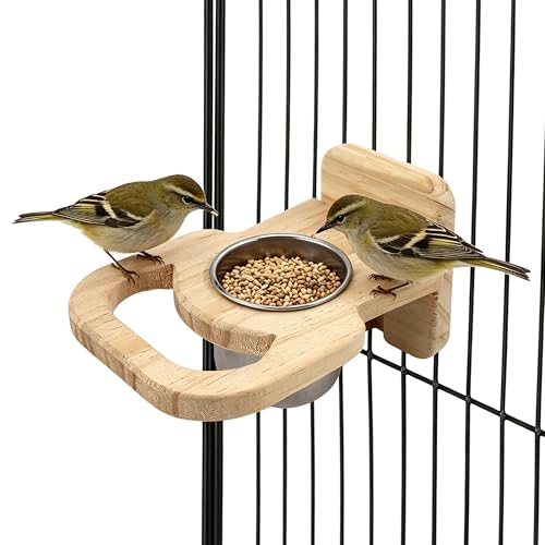Bird Feeding Cup with Platform, Hanging Stainless Steel Parrot Feeding Bowl, Wooden Perch Stand, Bird Cage Food and Water Feeder for Parakeets, Cockatiels and Lovebirds