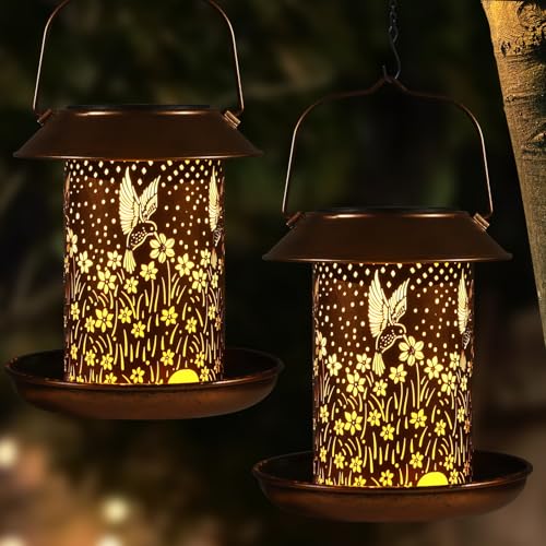 2 Pack Hummingbird Bird Feeders for Outdoors Solar Lanterns Waterproof | Garden Decor Gifts for Women Mom Grandma Metal Solar Decoration Outside LED Lanterns for Yard, Patio, Lawn, Pathway(2 Pack) - size: Flower Hummingbird-2 Pack