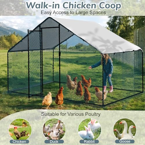 VINGLI Chicken Coop, 6.5 * 9.8 * 6.5 ft Large Metal Poultry Cage for Chicken Run, Walk-in Chicken Pen with Waterproof & Anti-UV Cover for Yard Outdoor (Black-Spire Roof) - color: Black-Spire Roof, size: 117.3"L x 77.6"W x 68.9"H