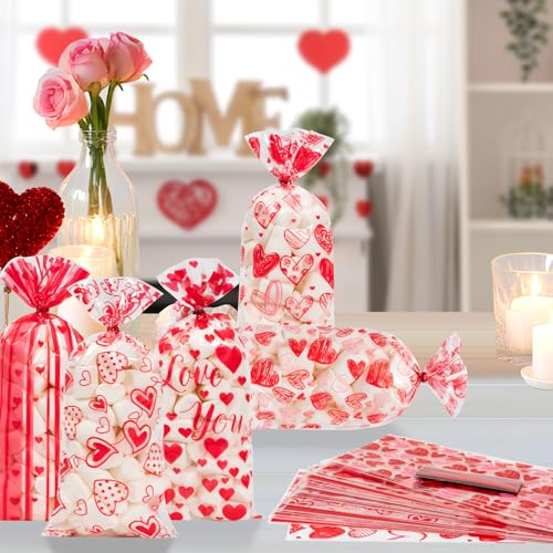 100 Pcs Valentine Treat Bags - Red Heart Cellophane Goodie Bags, Clear Plastic Happy Valentine's Day Cello Candy Gift Bag With Twist Ties for Wedding Anniversary Party Favors Supplies - color: Valentines