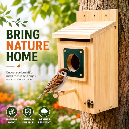 Bluebird House for Outside, Bird House with Copper Predator Guard, Natural Pine Wood Birdhouse, No Assembly Required, Easy Clean Nesting Box for Bluebirds, Wrens, Chickadees, Tree Swallows & Finches