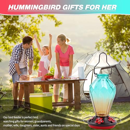 Glass Hummingbird Feeder for Outdoors Hanging, 25Oz Humming Bird Nectar Feeder, Perch, 5 Flower Feeding Ports, Leak Proof Base, Hook for Outside Garden Backyard, Gift for Women, Diamond Green - color: Diamond Green
