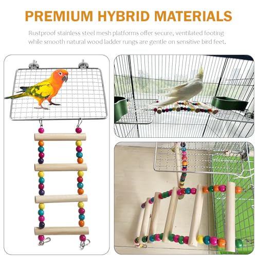 Parrot Climbing Playground Set, Stainless Steel and Wood, 2 Mesh Platforms and 2 Ladders, Modular Multi Cage Accessory for Small Parrots - color: Stainless Steel Natural Wood