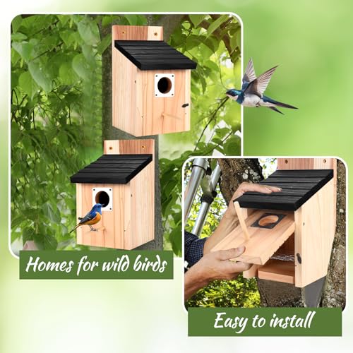 4-Pack Black Wooden Bird Houses for Outdoors with Predator Guard, Bluebird Houses for Outside – Ideal for Bluebirds & Other Backyard Birds, Black