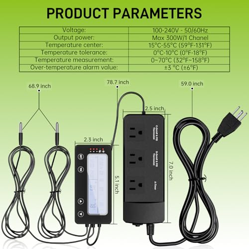 Reptile Temperature Controller with Timer, PID Reptile Digital Thermostat, 3-Channel Thermometer Hygrometer w/Memory, 2 IN 1 Day Night Temperature Humidity Gauge for Heat Lamp Heat Mat Fogger