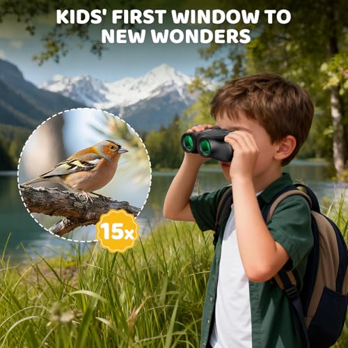 Aurosports 15x25 Compact Binoculars for Kids with Bird Guide Book, Black | Lightweight Easy Focus with Carrying Case & Strap; Durable Fully Coated; Birdwatching Cruise Travel Gift for 8-12 Boys Girls - color: Black