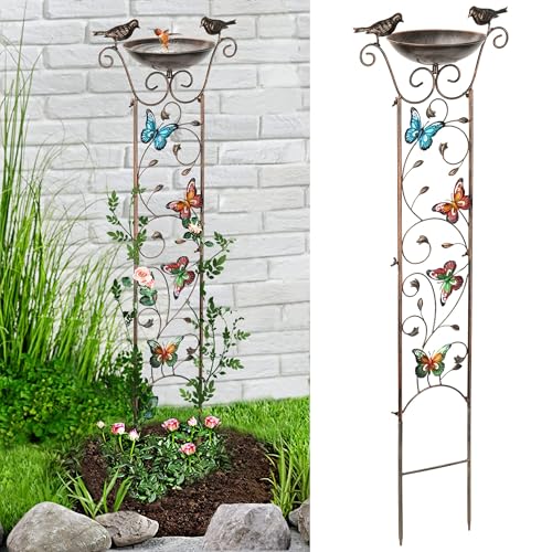 BAYN 43.5 Inch Metal Bird Bath Bowl with Garden Trellis Outdoor | Easy Install, Garden Birdbath and Plants Trellis 2 in 1, Decorative with Butterflies, Functional Decor for Yard Patio Lawn - style: Butterfly