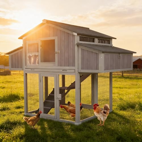 Large Chicken Coop for 6-8 Chickens, Double Folding Wooden Chicken House with 2 Nesting Boxes, Reinforced Iron Frame, Pull-Out Tray & Waterproof Roof, Outdoor Poultry Cage - color: Grey (AIR66)