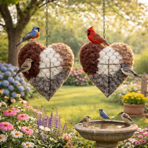 Handmade Heart-Shaped Hummingbird nest Box with Nesting Materials, Winter and Summer Outdoor Bird Watching House, Wild Bird shelter (1)