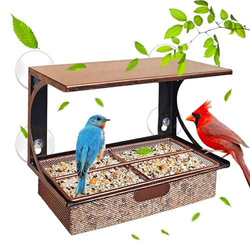 Window Bird Feeder Metal Bird Feeder for Outdoors Birdwatching | with 4 Strong Suction Cups and Adhesive Hook, Sturdy Rust-proof Gifts for Cats & Nature Lovers