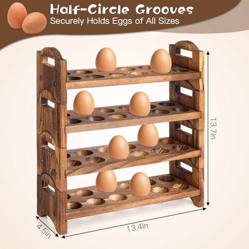 4-Tier Wooden Egg Holder Countertop, Egg Holder for Fresh Eggs, Farmhouse Kitchen Egg Tray Rack Holds 48, Firewood Stackable Egg Storage Basket with Carry Handle for Kitchen Refrigerator Counter