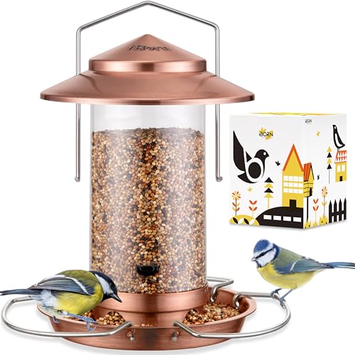 Bird feeders for Outdoors Metal Chew Resistant Copper-Plating, 1PK | Metal Roof, Metal Tray, Fixed Hanger, Flip-Top Fill, 3 Perches, Easy-Clean, 1.32lb - color: Brushed Copper, 1.5LB, 3 Perches