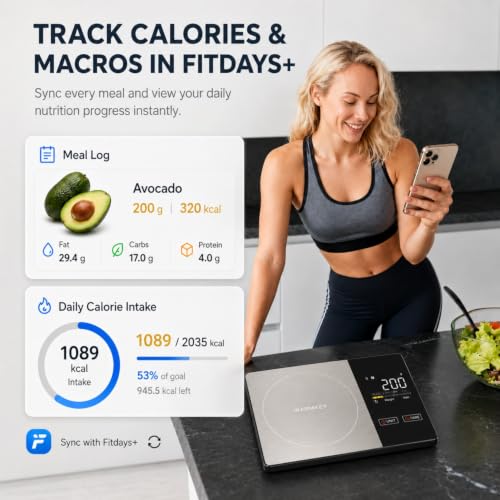 Smart Nutrition Food Scale with App - 1g Precision Digital Kitchen Scale, Tracks Calories & 24 Nutrients, Macros, Fat & Protein for Keto, Fitness & Meal Prep, 11lb/5kg with Tare Function