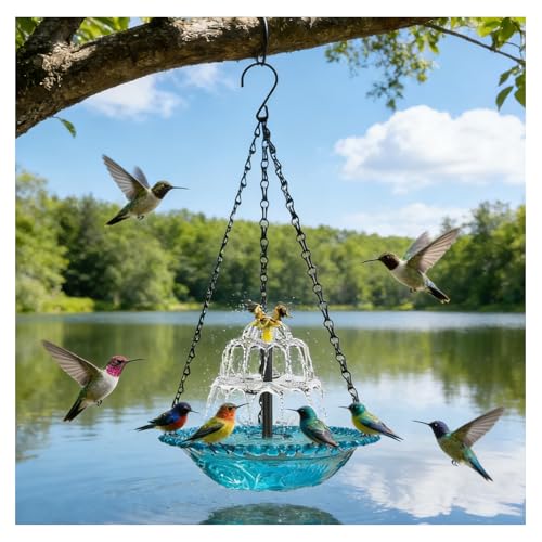 Solar Cascade Hanging Bird Bath, 3-Layer Powered Birdbath Fountain, Blue | Outdoor Water Dispenser for Hummingbirds, Hummingbird Bath Shower Bowl for Garden Yard - color: Blue